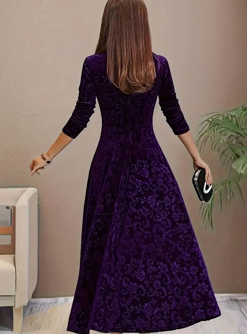 Women's Square Neck Velvet Floral Embossed Party Dress