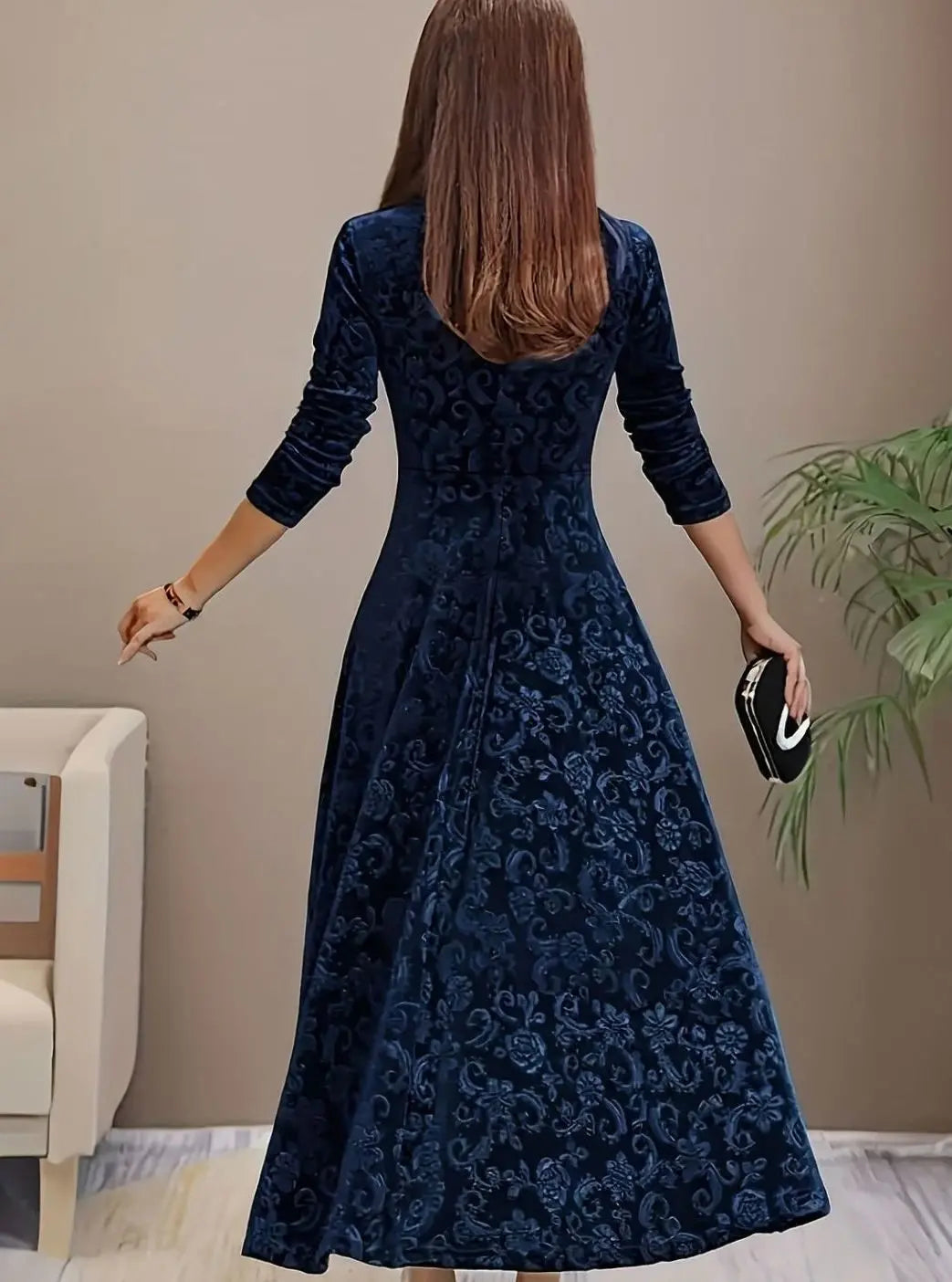 Women's Square Neck Velvet Floral Embossed Party Dress