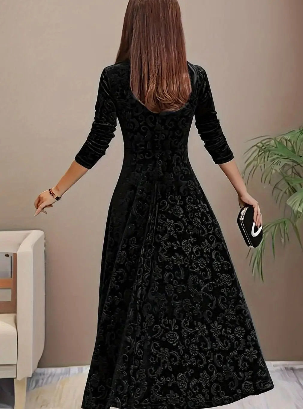 Women's Square Neck Velvet Floral Embossed Party Dress
