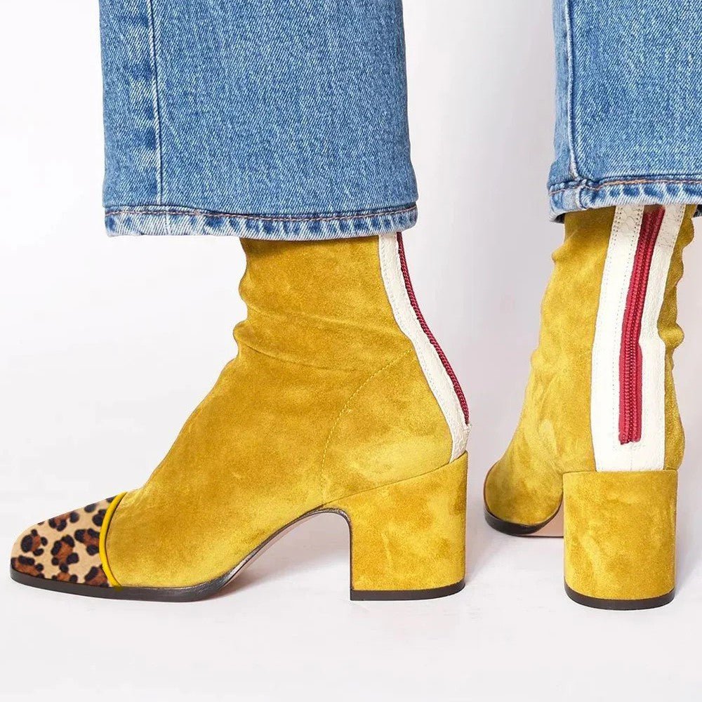 Women's Square Toe Block Heel Ankle Boots - Yellow