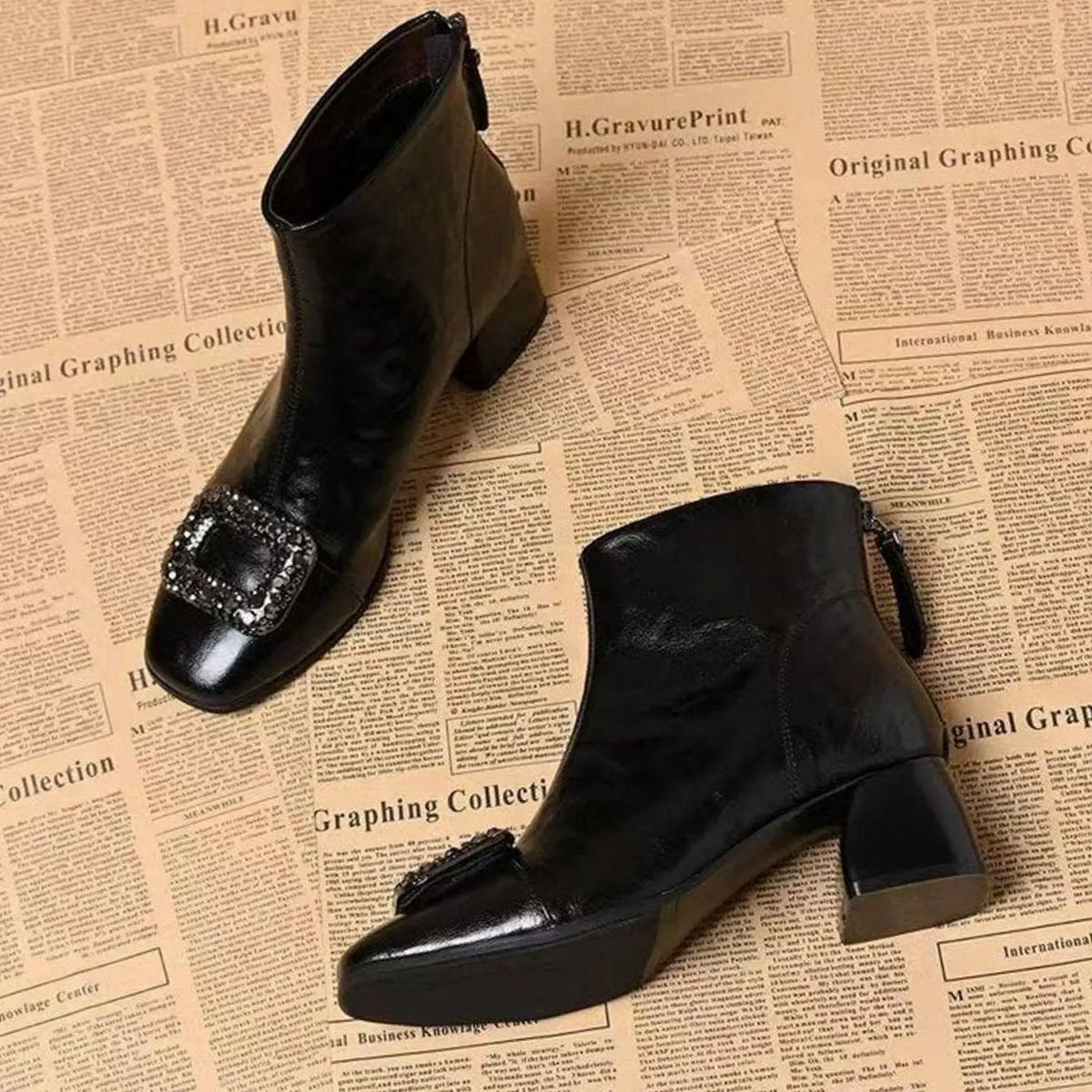 Women's Square-Toe Block-Heel Ankle Boots Rhinestone Buckle