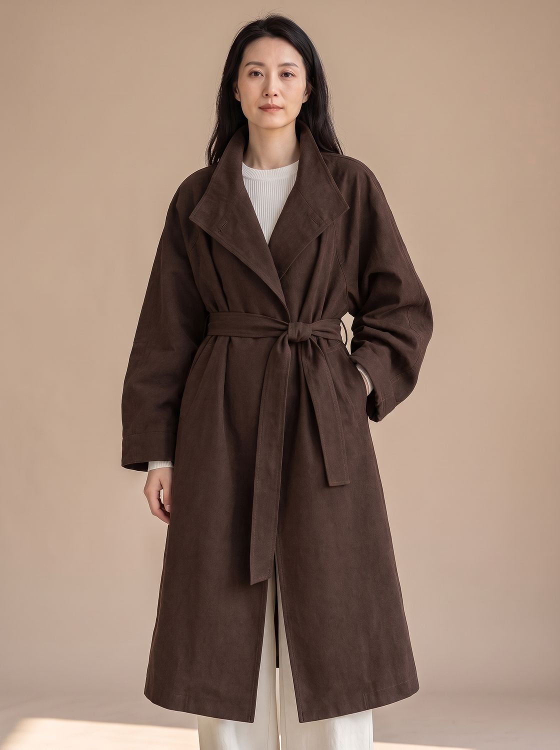 Women's Stand Collar Longline Single-Button Overcoat - Brown