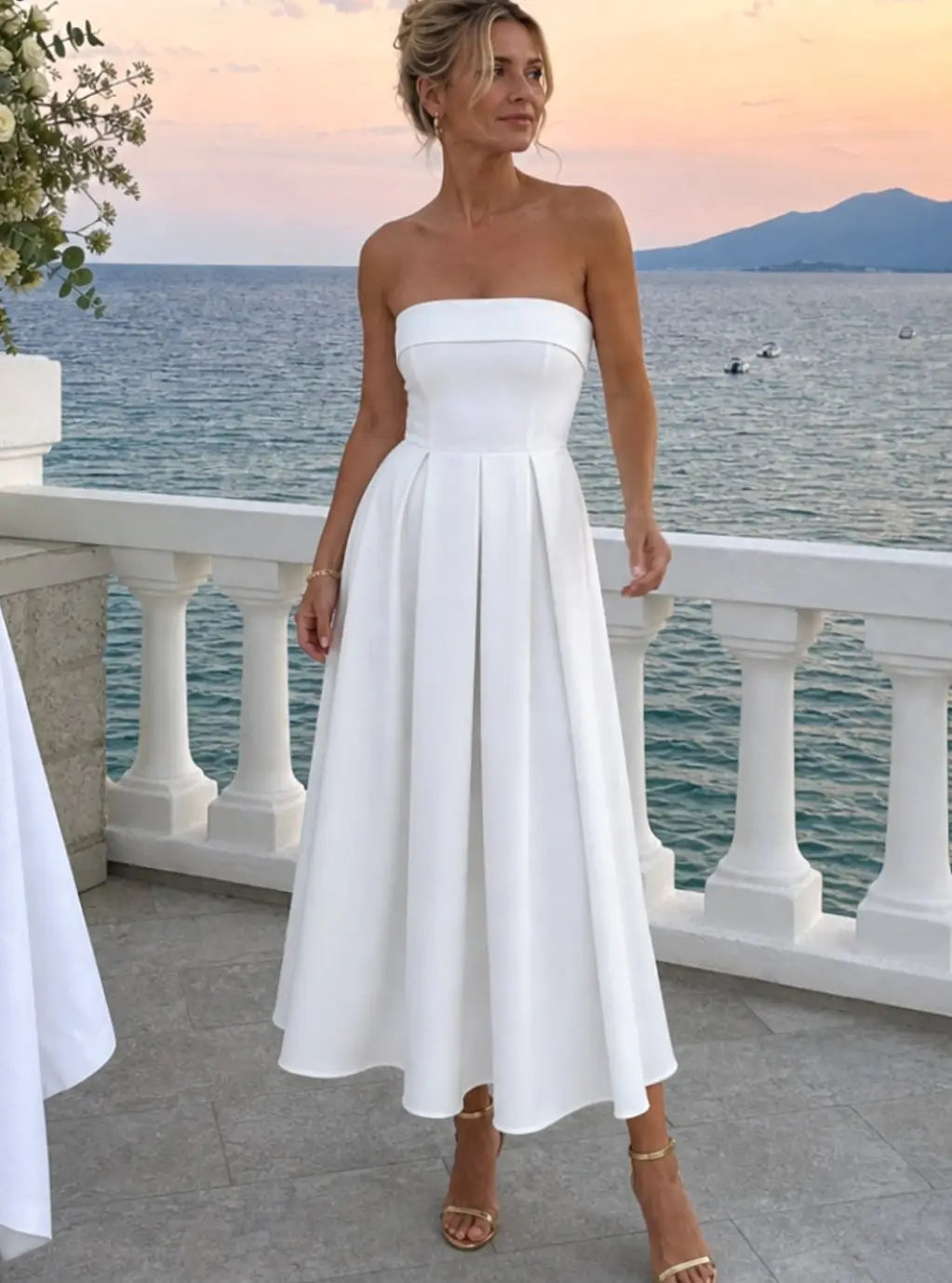 Women's Strapless Pleated Full-Skirt Midi Cocktail Dress