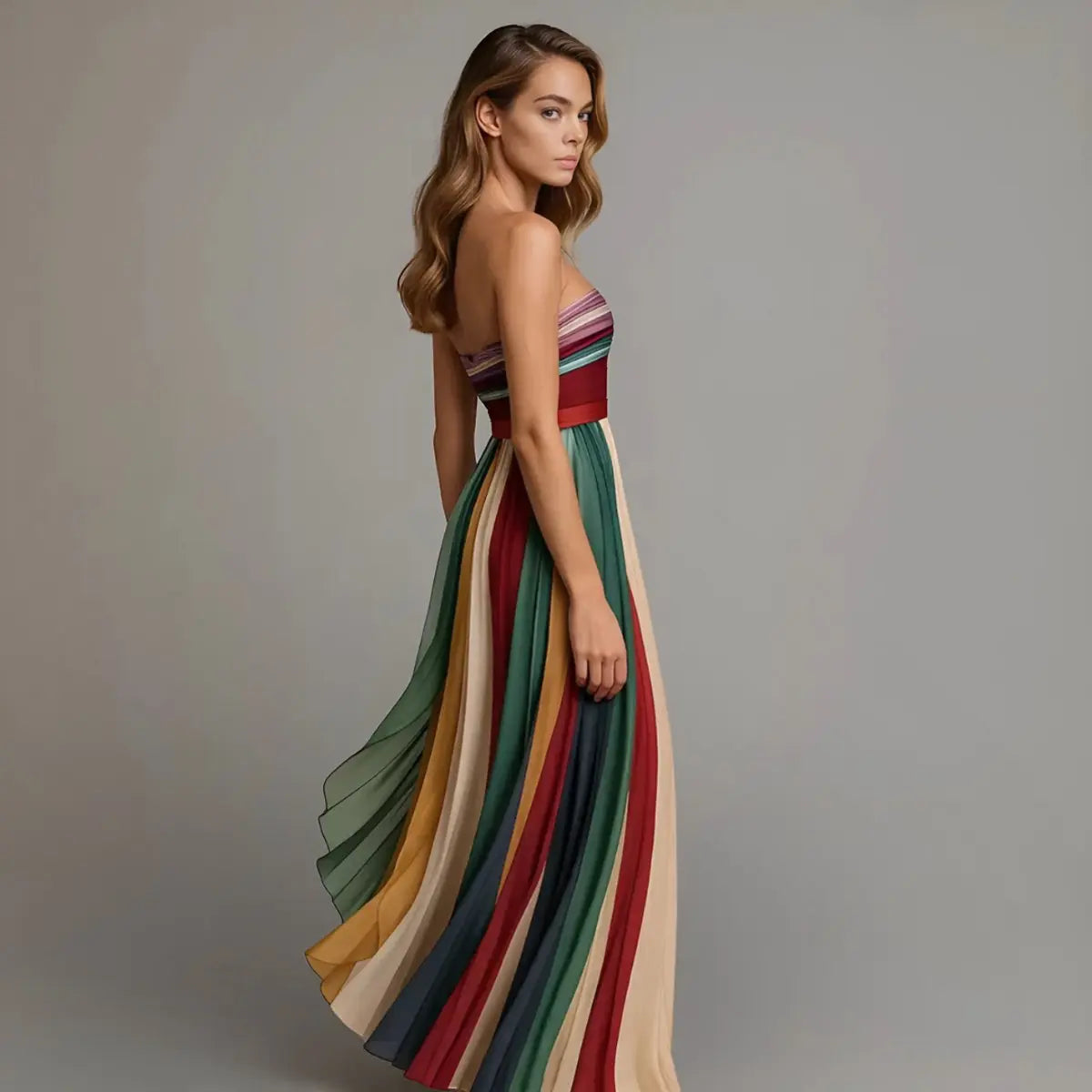 Women's Strapless Pleated Striped Maxi Long Sleeve Dress