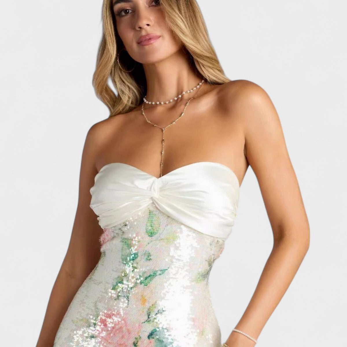 Women's Strapless Sweetheart Neckline Floral Sequin Mini Dress