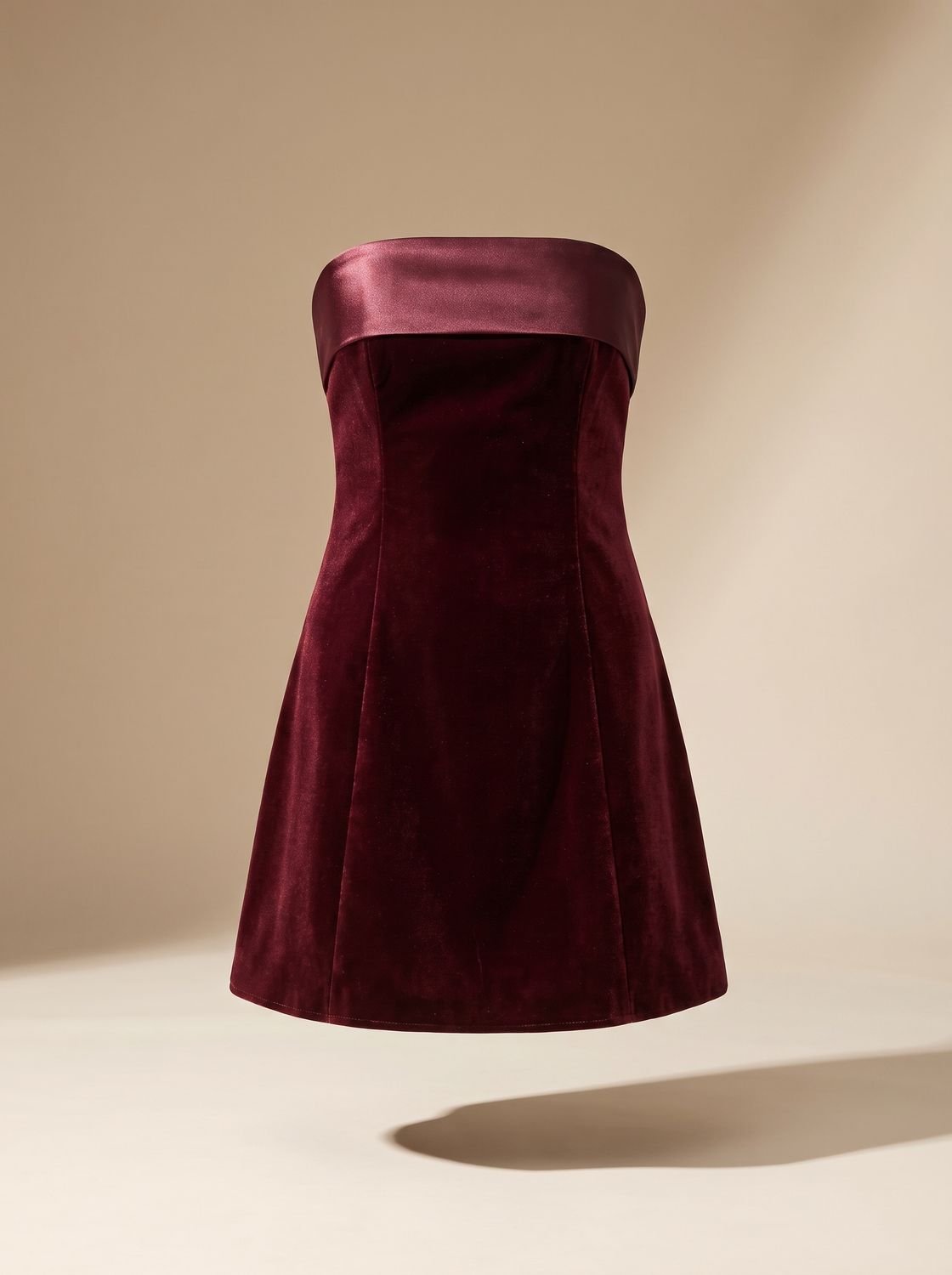 Women's Strapless Velvet Mini Dress Fitted A-Line - Burgundy