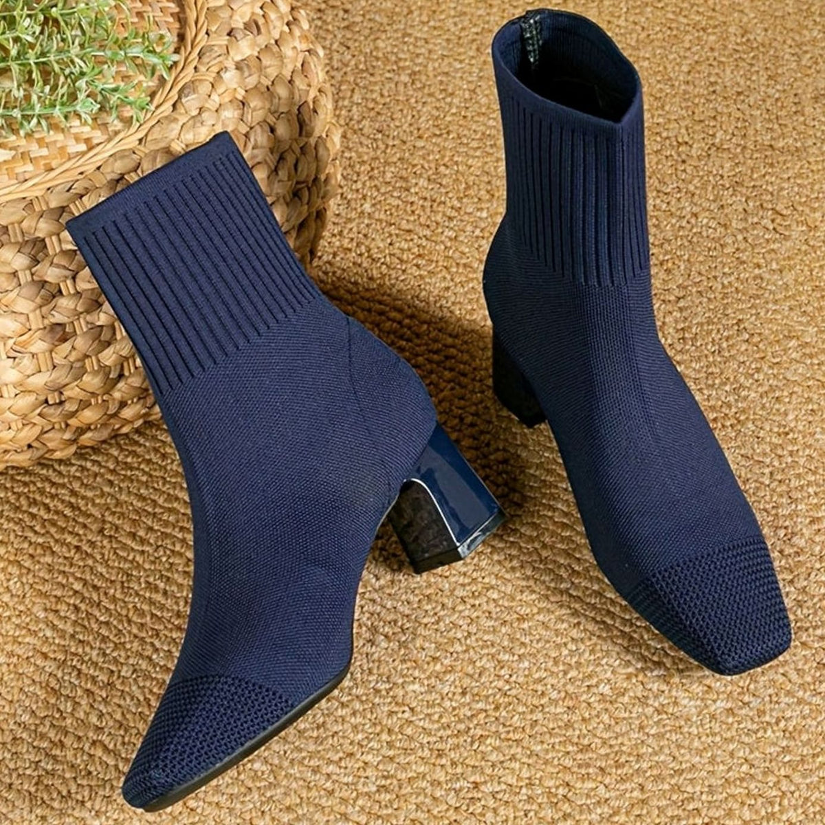 Women's Stretch Knit Square-Toe Block-Heel Ankle Boots - Blue