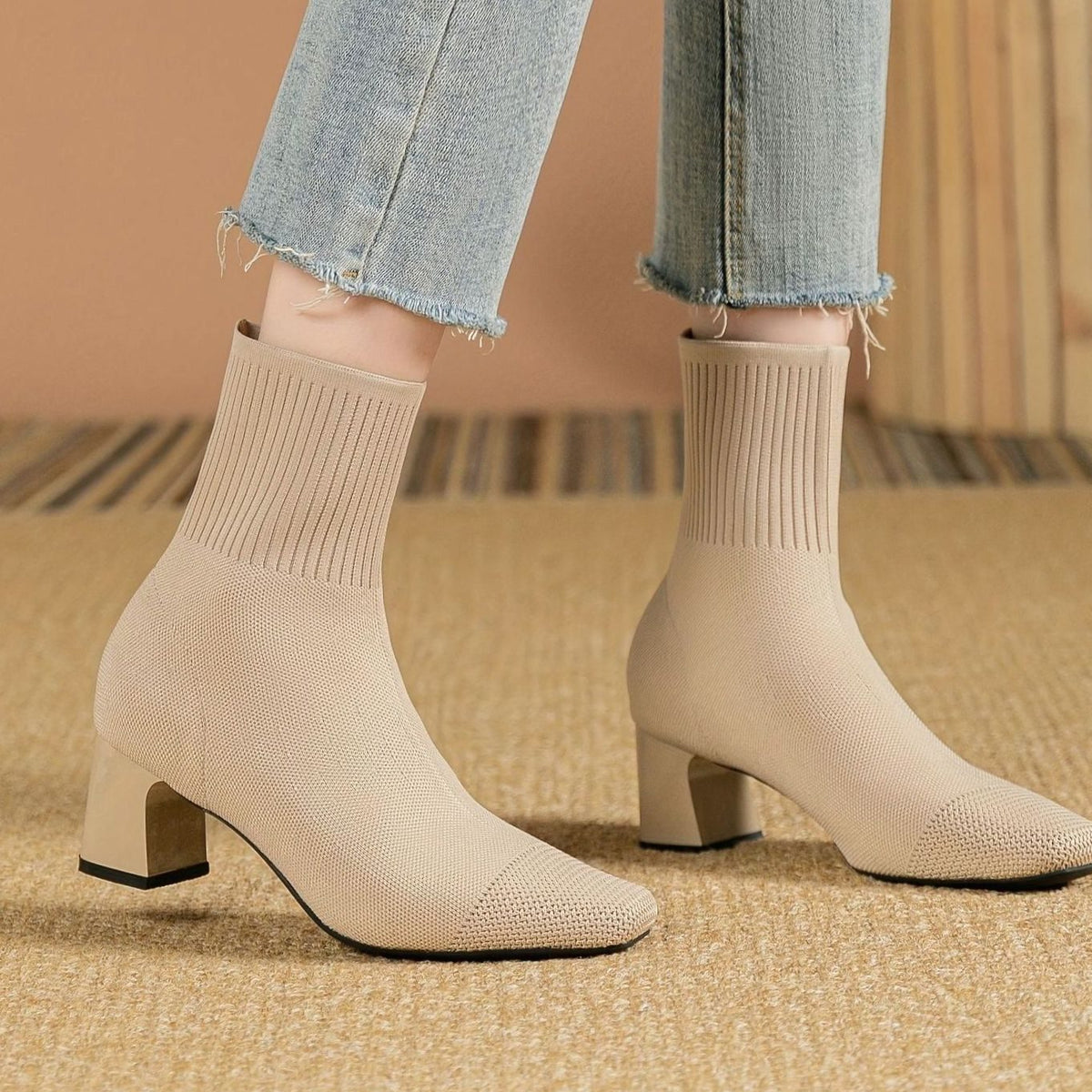 Women's Stretch Knit Square-Toe Block-Heel Ankle Boots - Beige