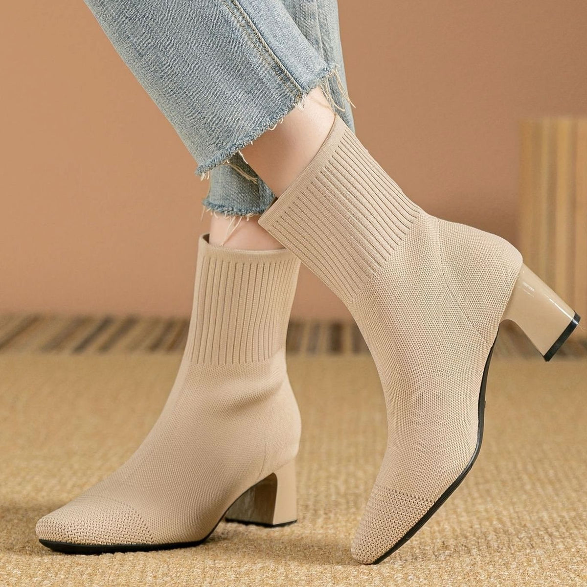 Women's Stretch Knit Square-Toe Block-Heel Ankle Boots