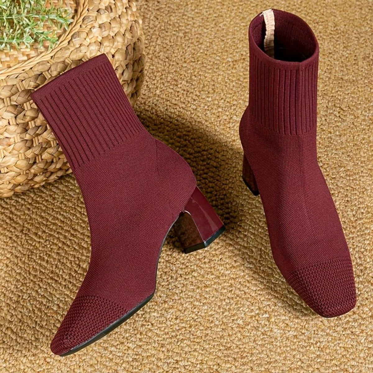 Women's Stretch Knit Square-Toe Block-Heel Ankle Boots - Red