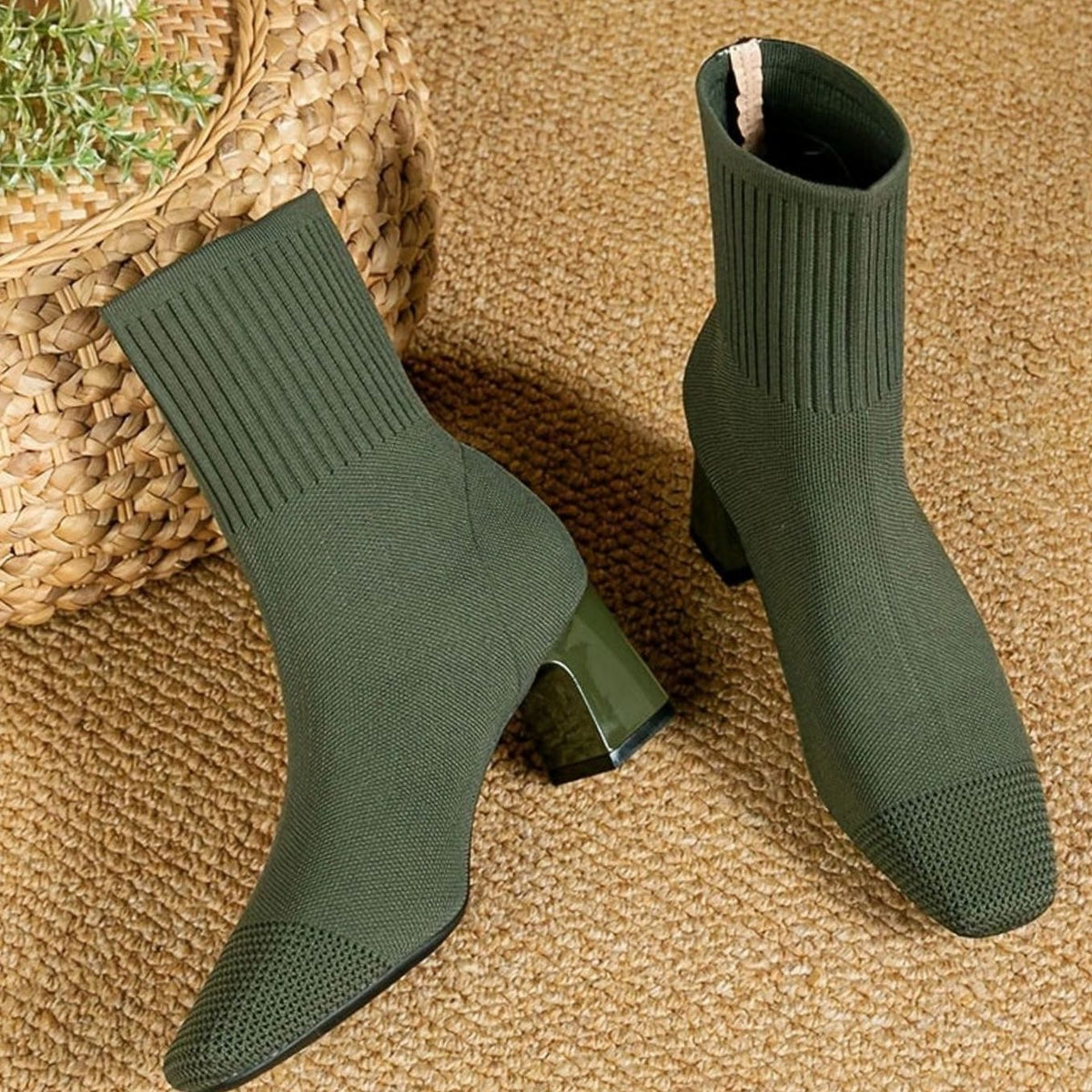 Women's Stretch Knit Square-Toe Block-Heel Ankle Boots - Green