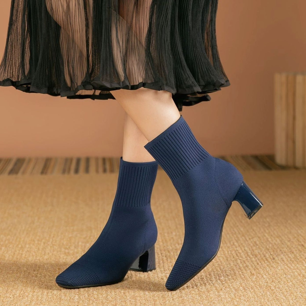 Women's Stretch Knit Square-Toe Block-Heel Ankle Boots
