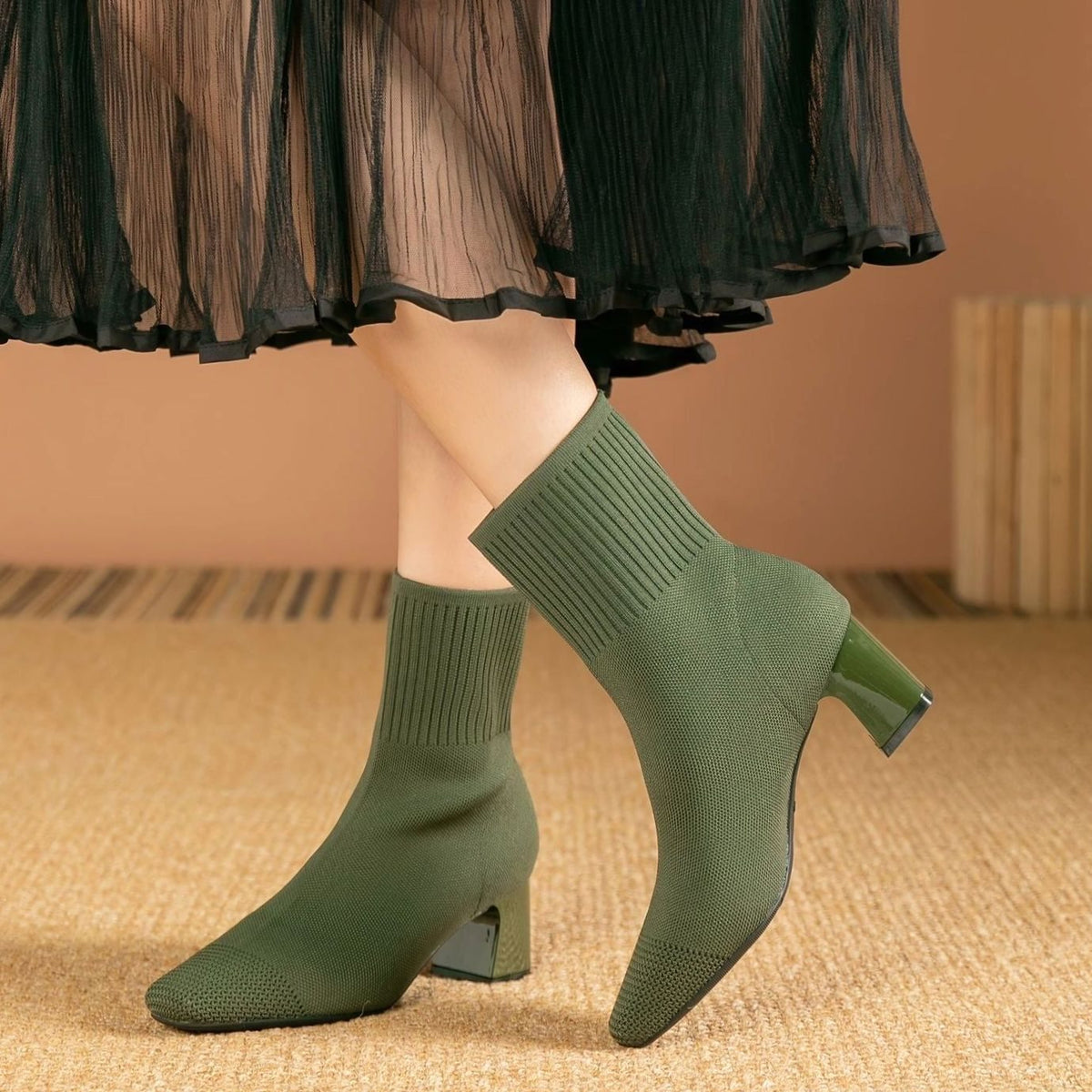 Women's Stretch Knit Square-Toe Block-Heel Ankle Boots