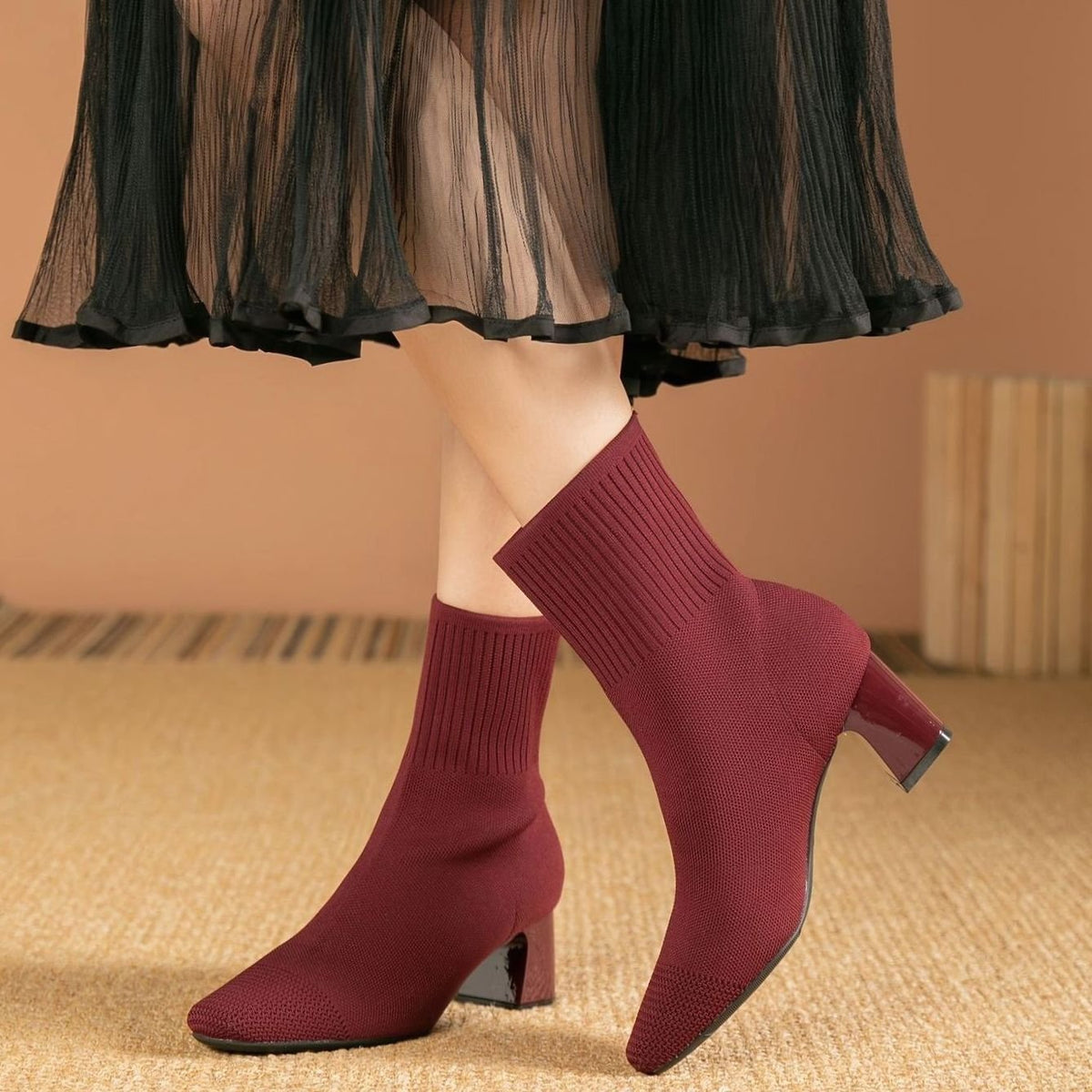 Women's Stretch Knit Square-Toe Block-Heel Ankle Boots