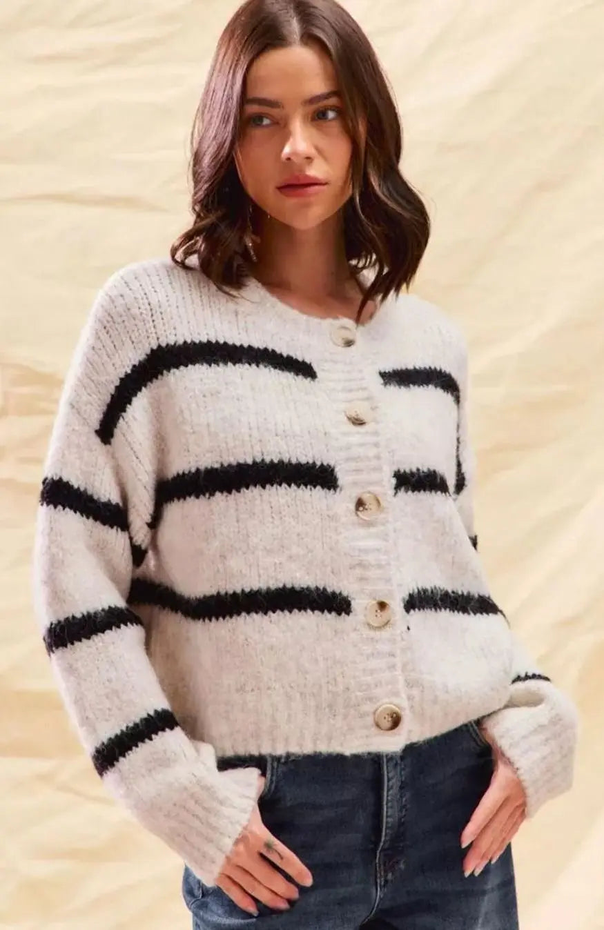Women's Striped Button-Down Winter Knit Cardigan - White