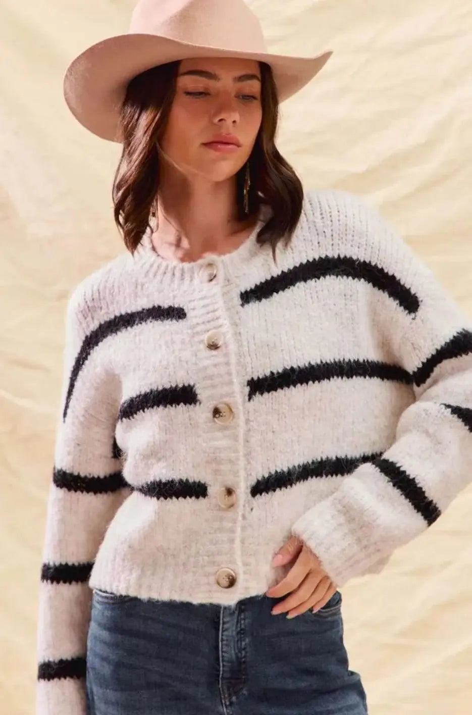 Women's Striped Button-Down Winter Knit Cardigan