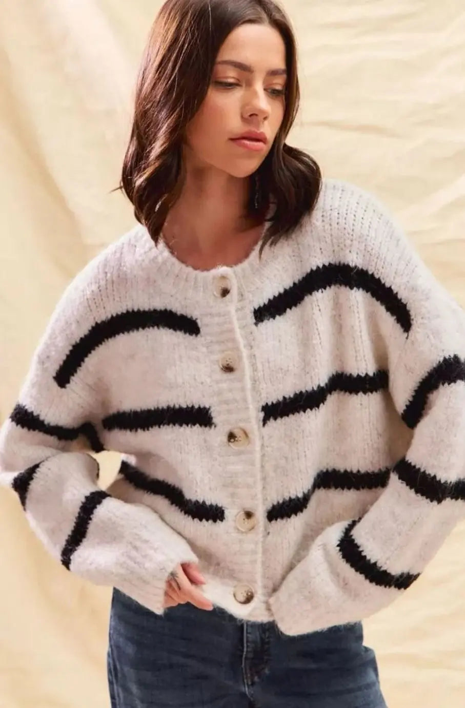 Women's Striped Button-Down Winter Knit Cardigan