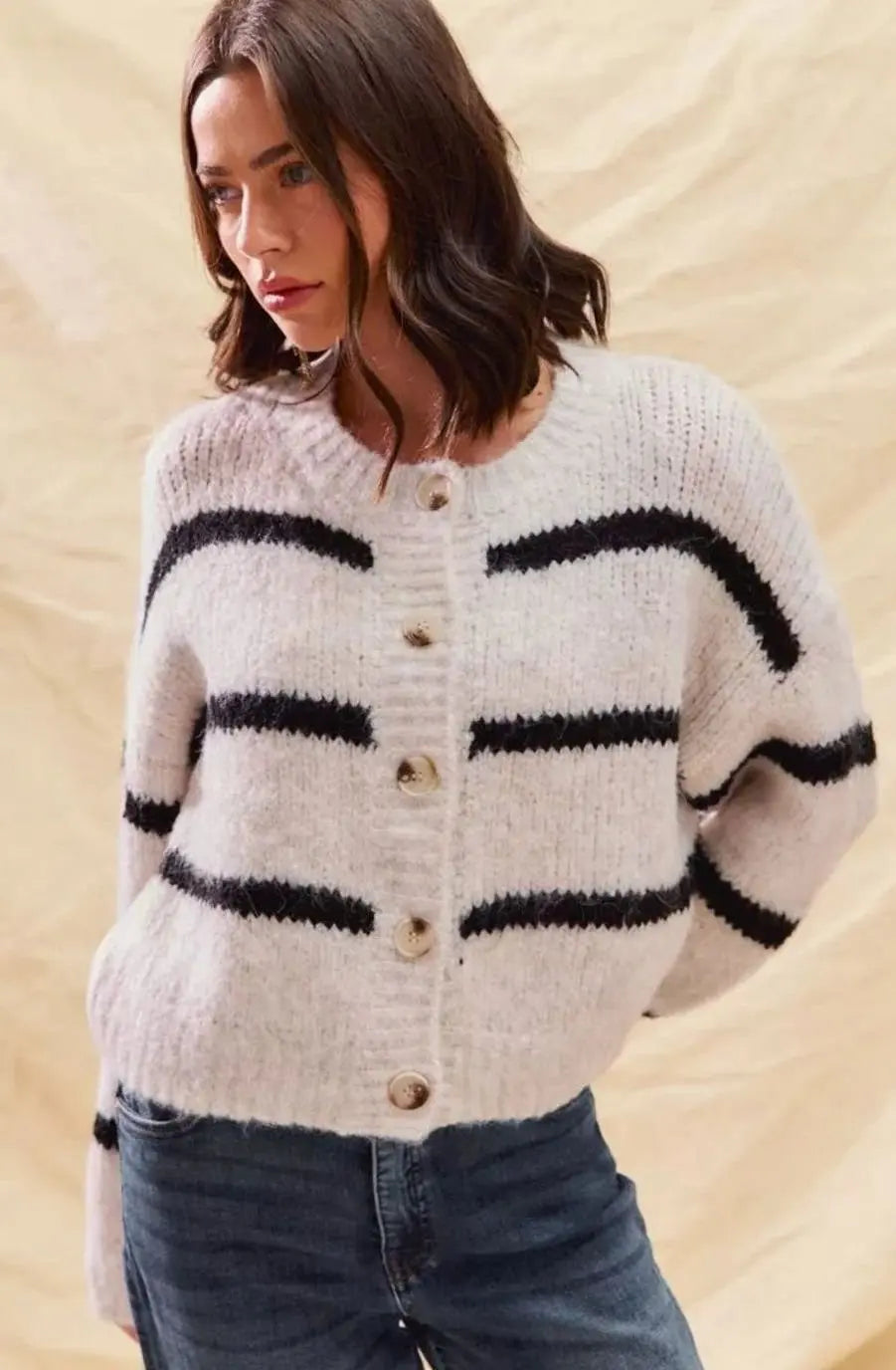 Women's Striped Button-Down Winter Knit Cardigan