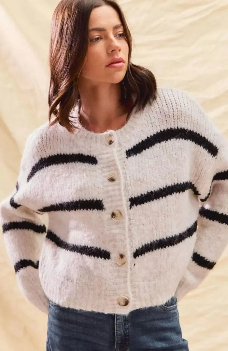 Women's Striped Button-Down Winter Knit Cardigan