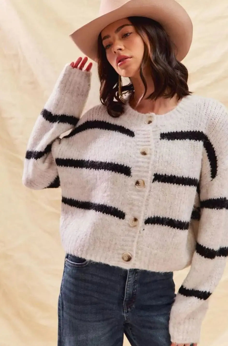 Women's Striped Button-Down Winter Knit Cardigan