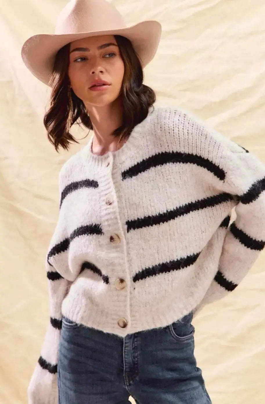 Women's Striped Button-Down Winter Knit Cardigan