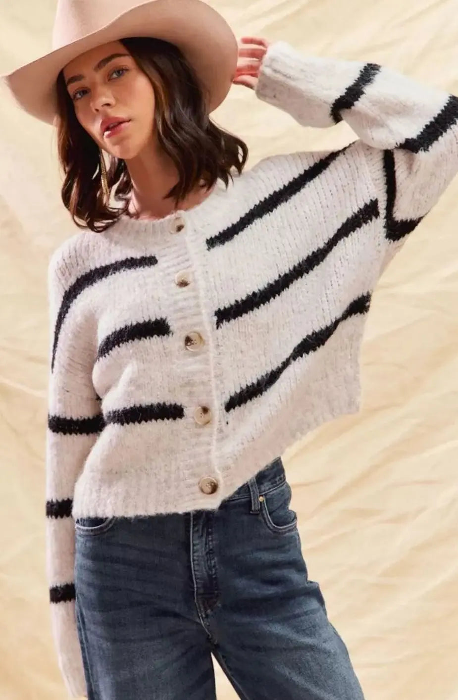 Women's Striped Button-Down Winter Knit Cardigan