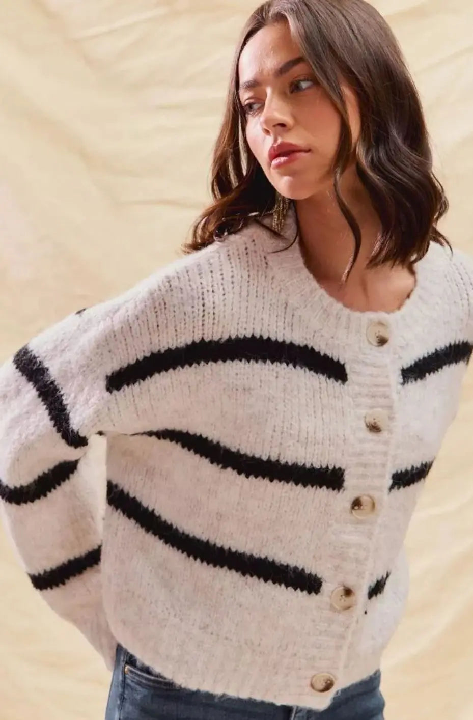 Women's Striped Button-Down Winter Knit Cardigan