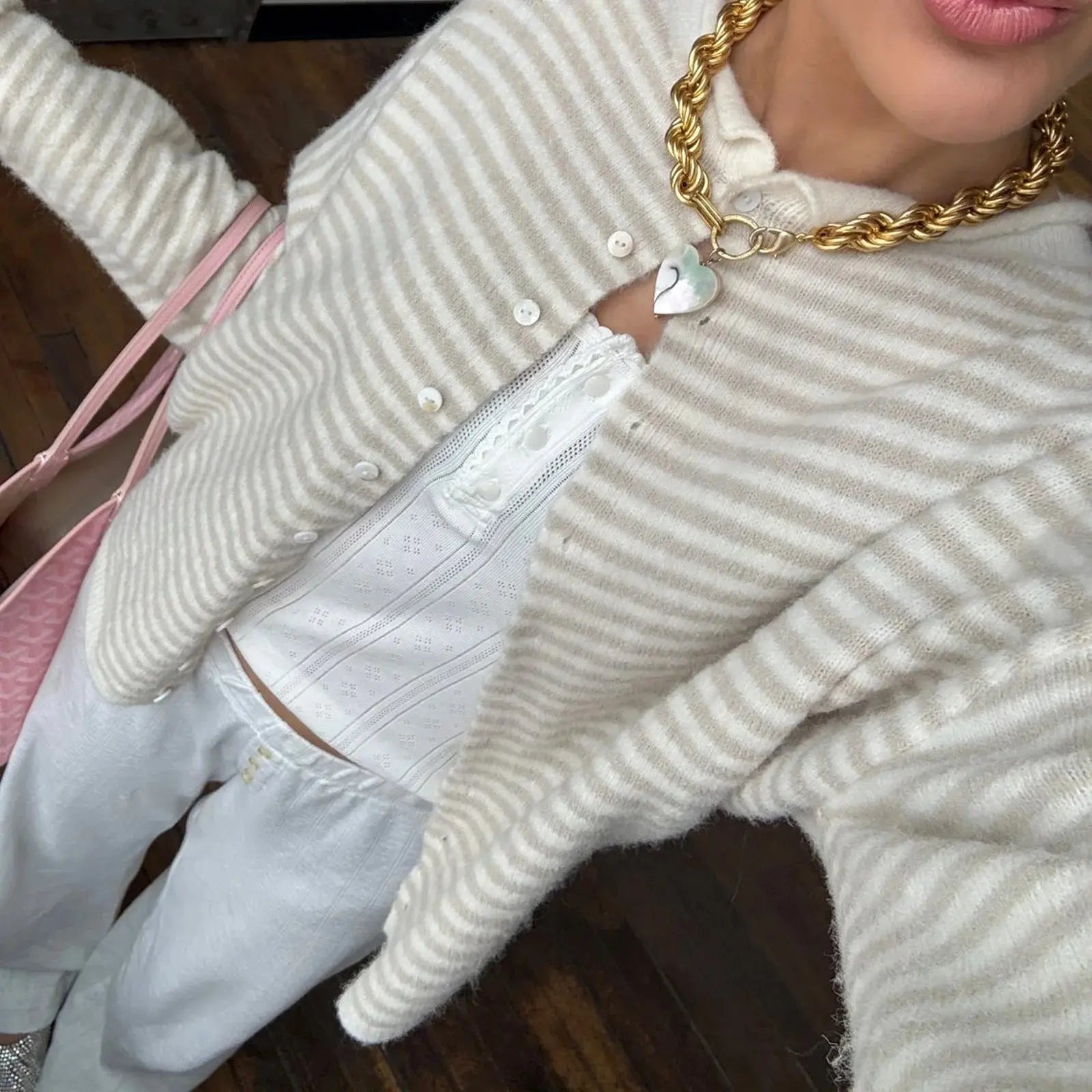 Women's Striped Button Front Cardigan Stand Collar - Beige