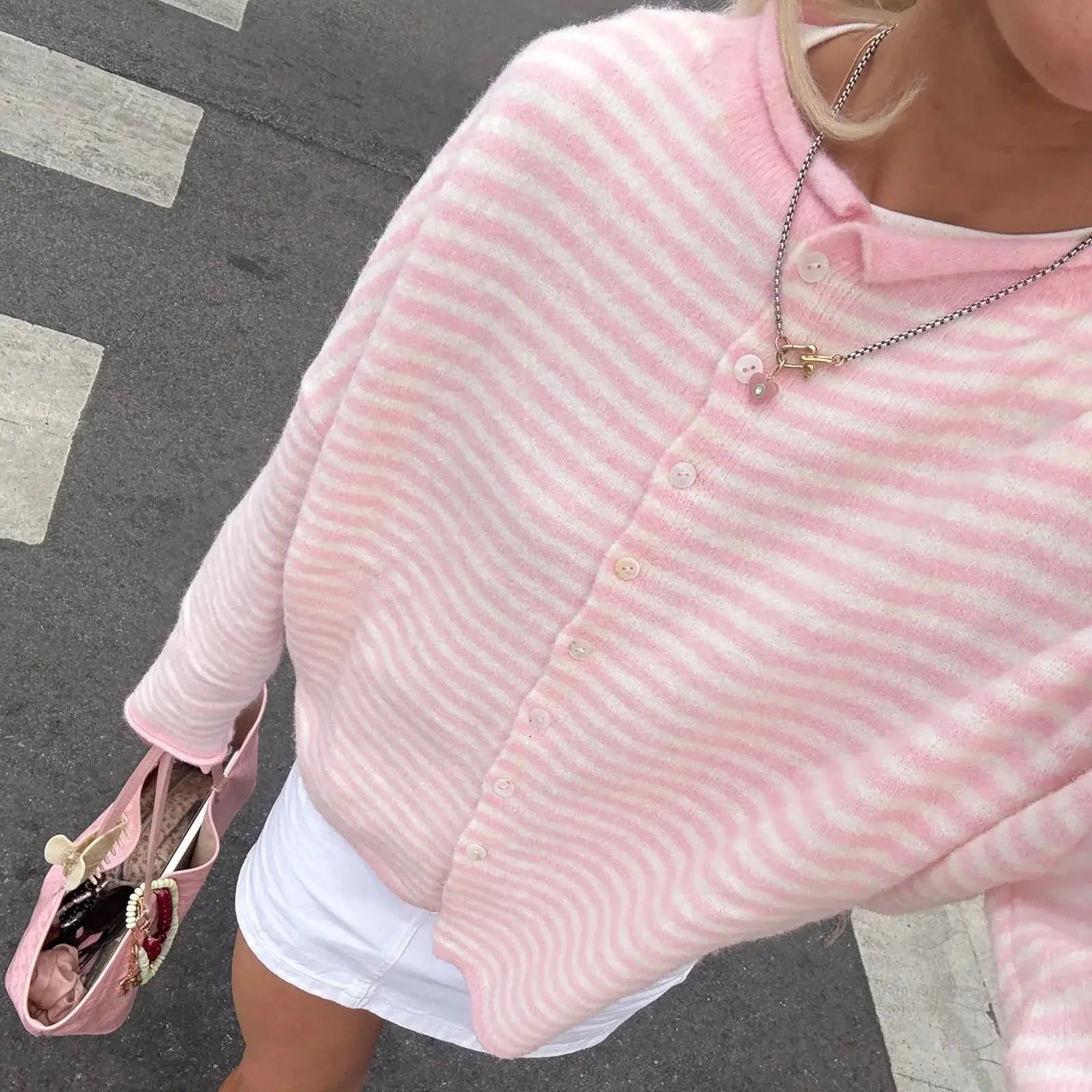 Women's Striped Button Front Cardigan Stand Collar