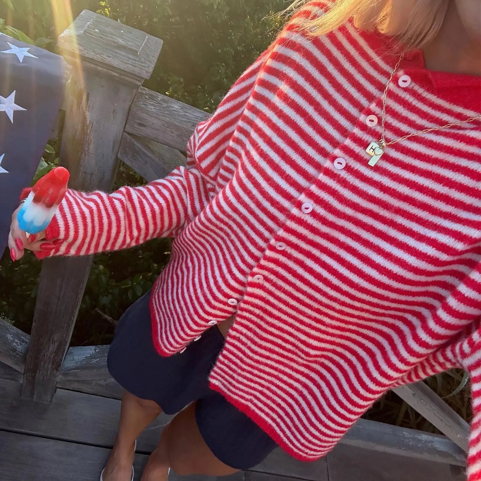 Women's Striped Button Front Cardigan Stand Collar - Red