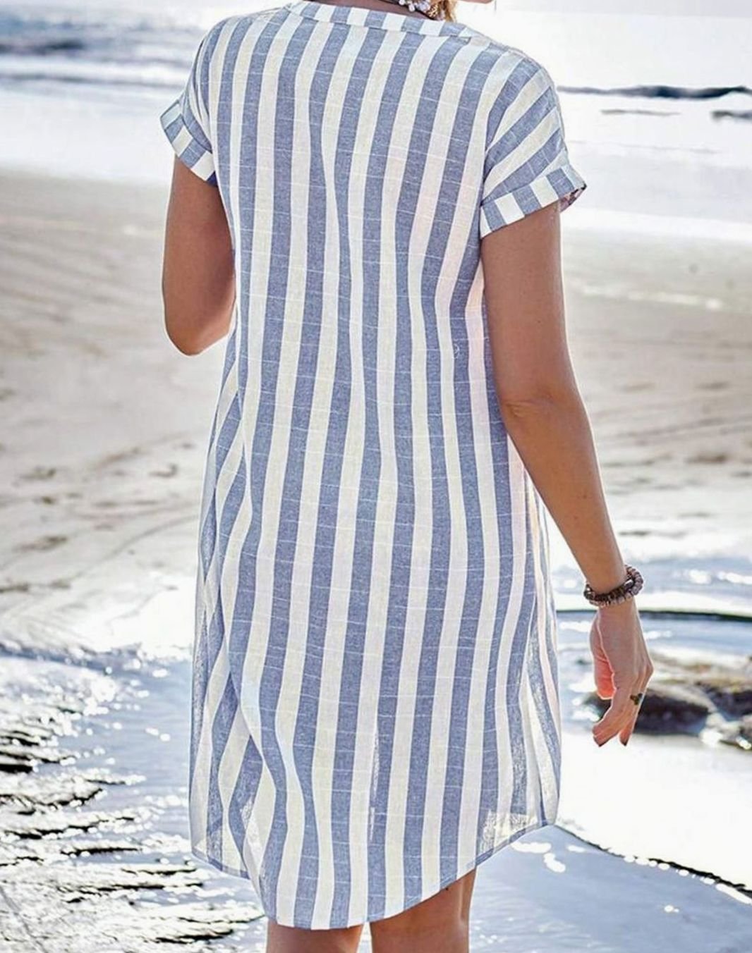 Women's Striped Button-Through Short-Sleeve Midi Dress
