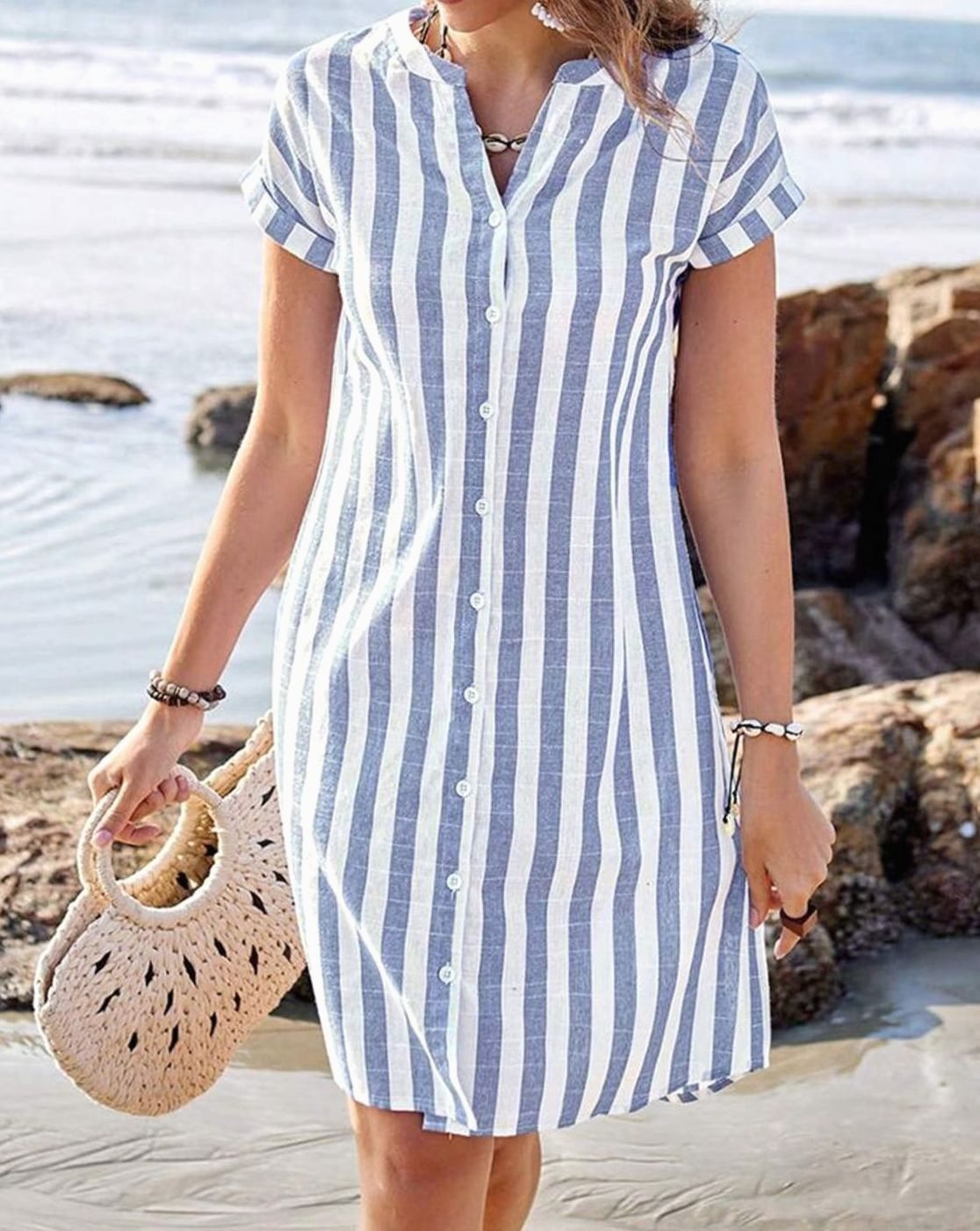 Women's Striped Button-Through Short-Sleeve Midi Dress