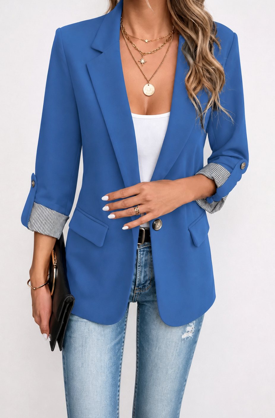 Women's Striped-Cuff Roll-Sleeve Soft-Tailored Blazer, Blue - Blue