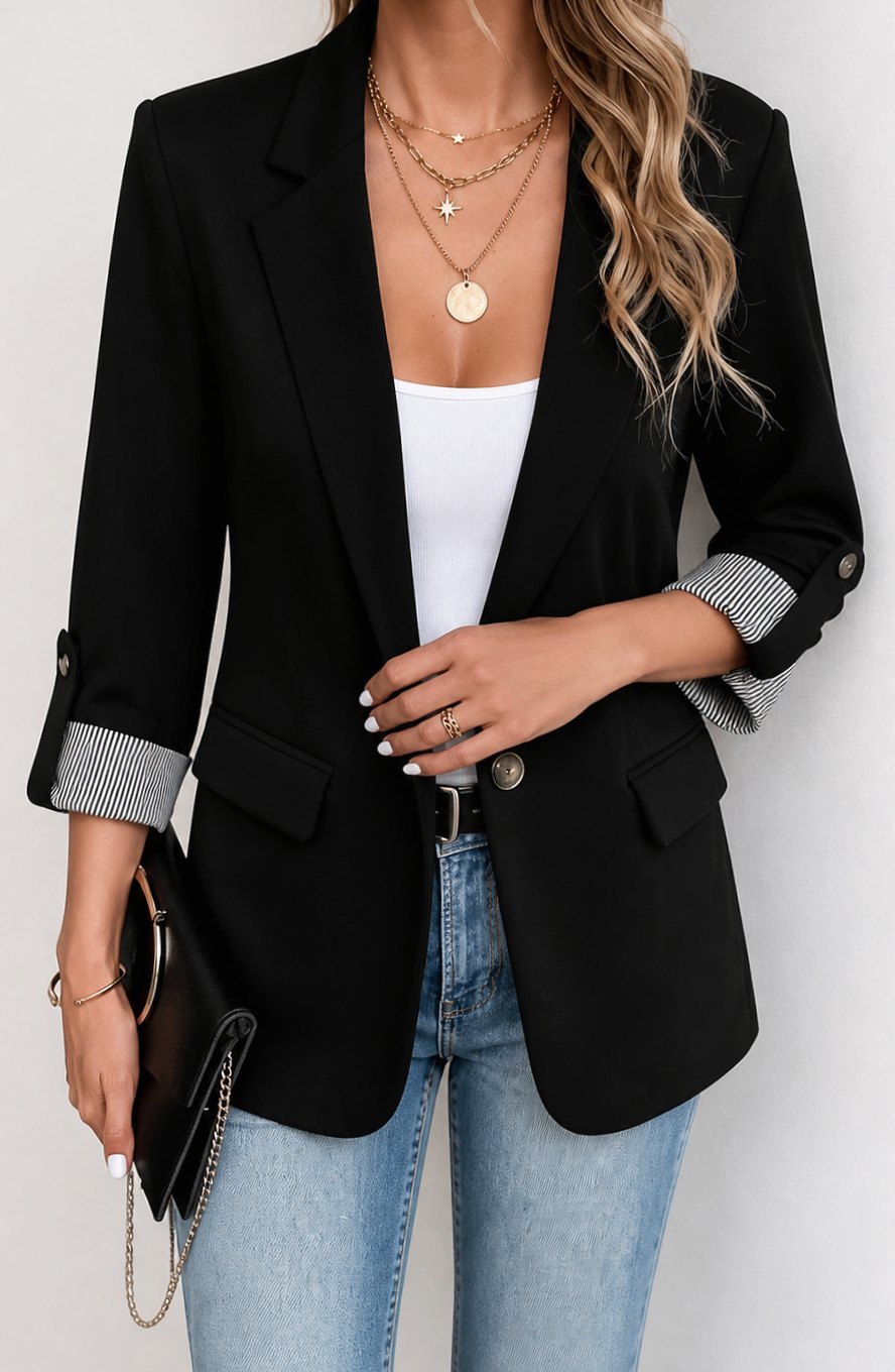 Women's Striped-Cuff Roll-Sleeve Soft-Tailored Blazer, Blue - Black