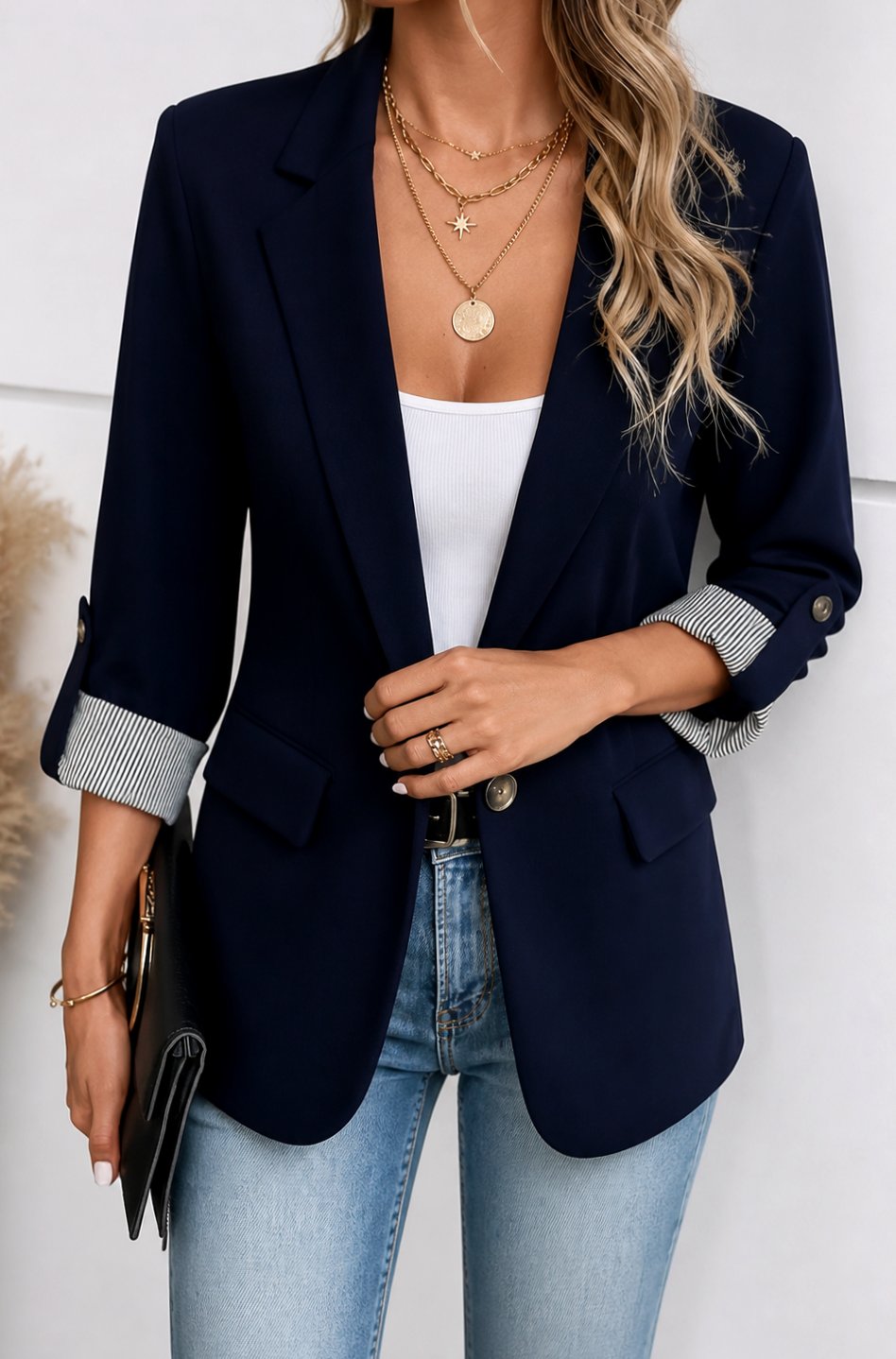 Women's Striped-Cuff Roll-Sleeve Soft-Tailored Blazer, Blue - Navy Blue