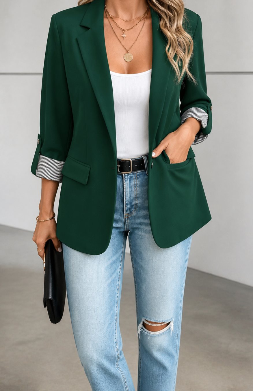 Women's Striped-Cuff Roll-Sleeve Soft-Tailored Blazer, Blue - Dark Green