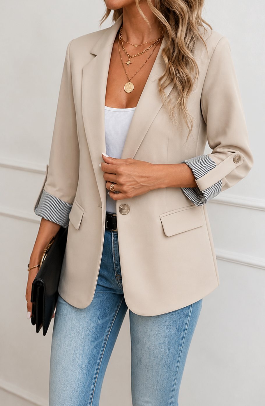 Women's Striped-Cuff Roll-Sleeve Soft-Tailored Blazer, Blue - Apricot