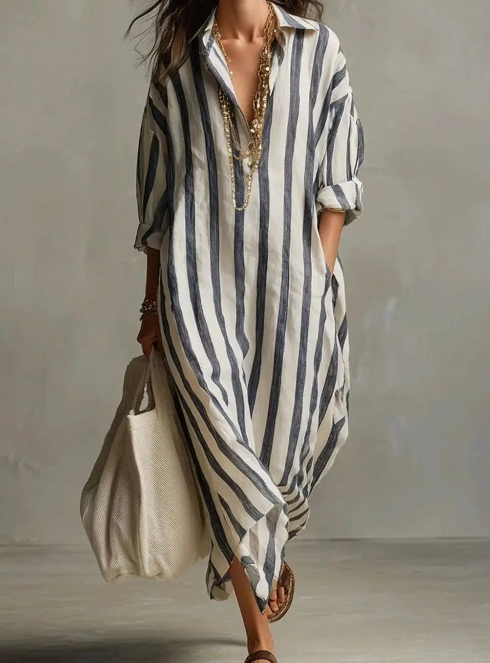 Women's Striped Linen Loose-Fit V-Neck Midi Dress - Blue