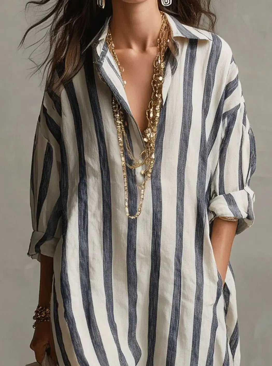 Women's Striped Linen Loose-Fit V-Neck Midi Dress