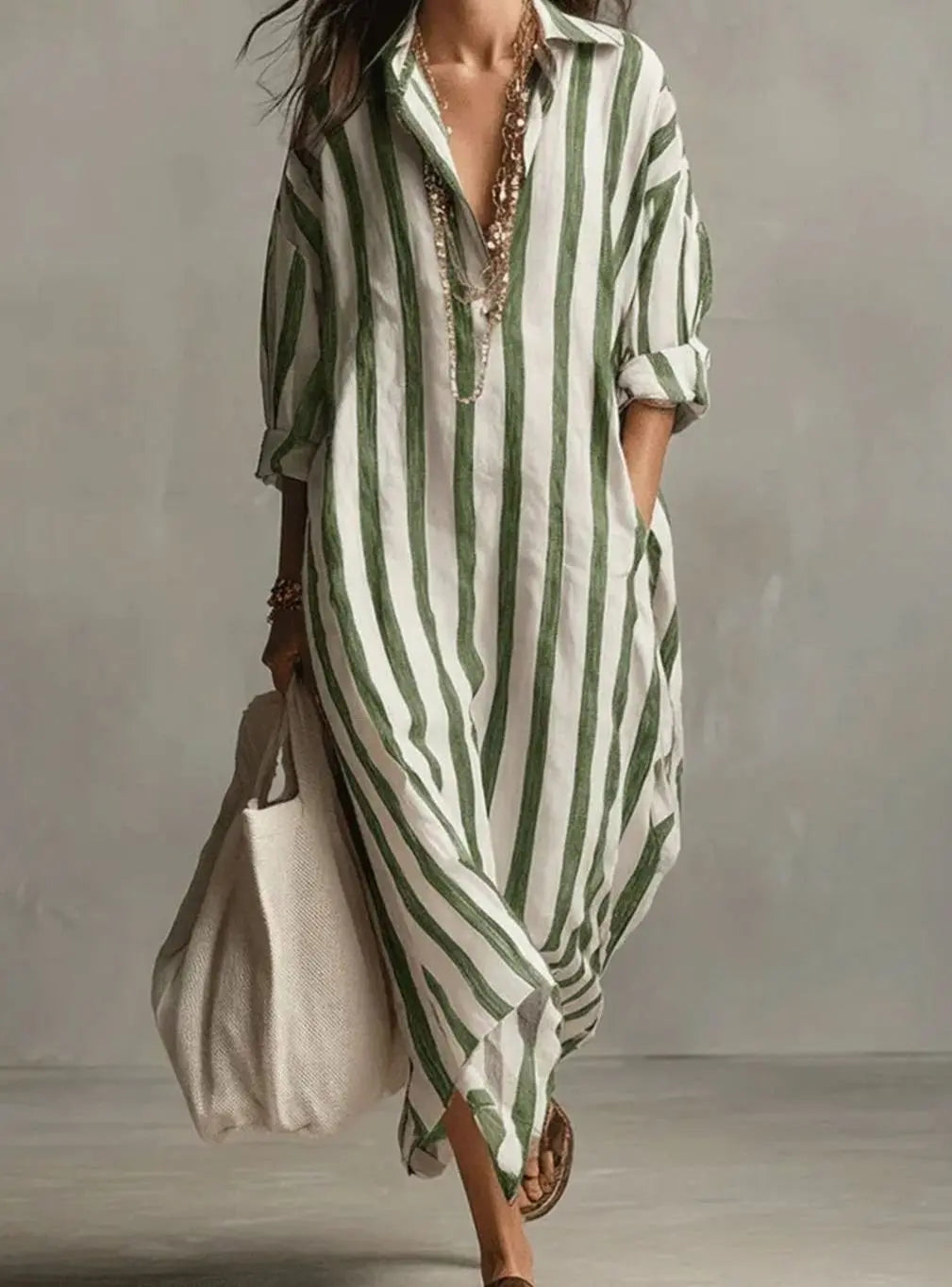 Women's Striped Linen Loose-Fit V-Neck Midi Dress - Green