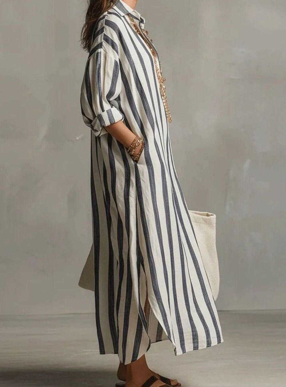 Women's Striped Linen Maxi Shirt Dress V-Neck Loose Fit