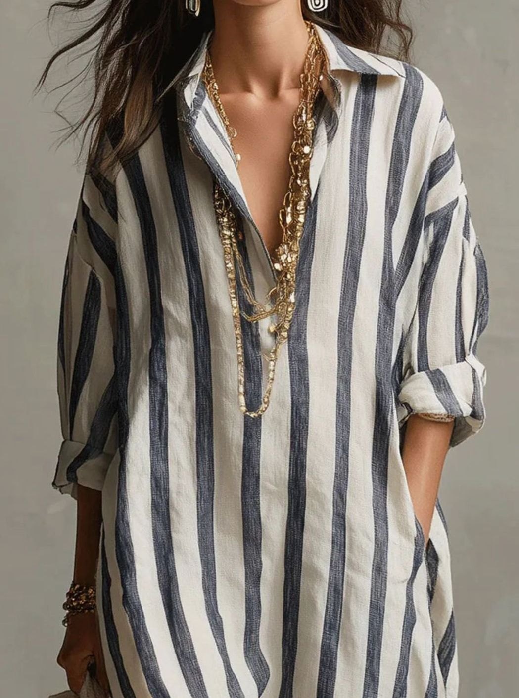Women's Striped Linen Maxi Shirt Dress V-Neck Loose Fit