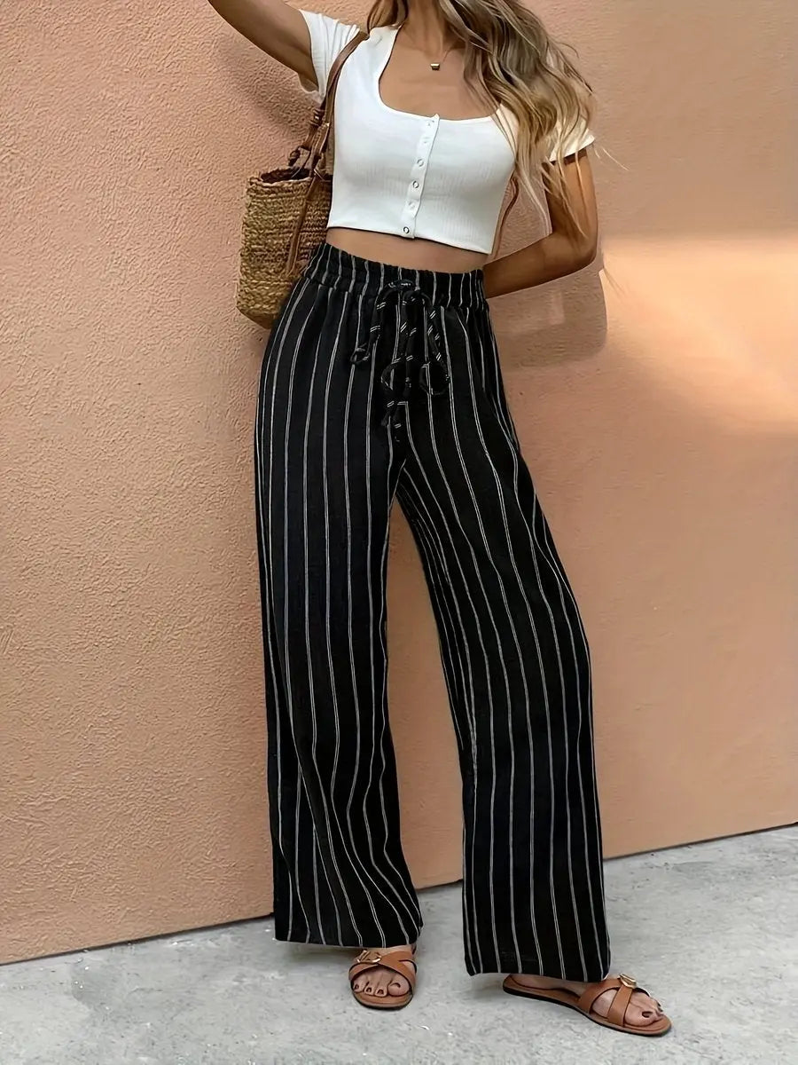 Women's Striped Linen Wide Leg Pants Elasticated Drawstring Waist - Black