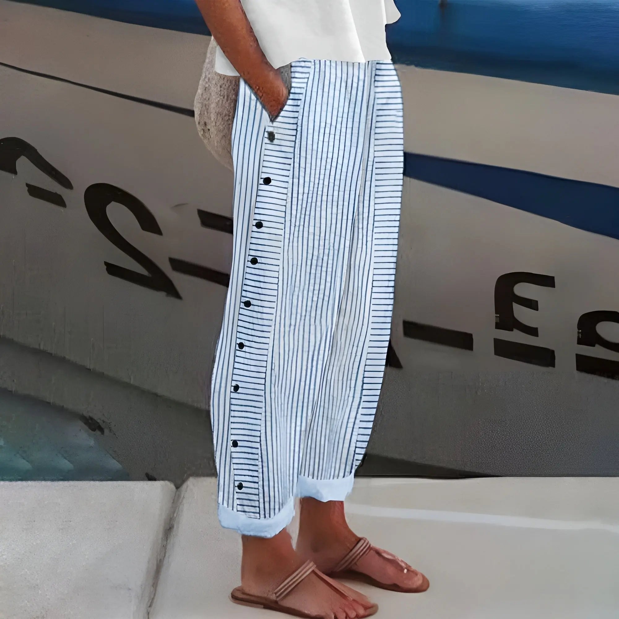 Women's Striped Trousers Button Side Elastic Waist Relaxed - Blue