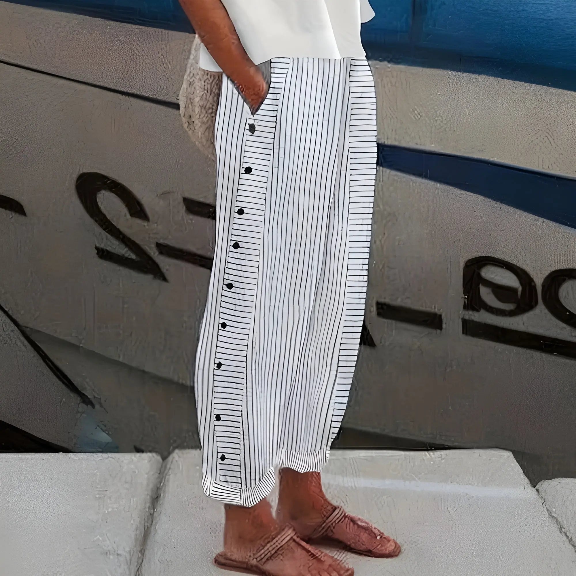 Women's Striped Trousers Button Side Elastic Waist Relaxed - Gray