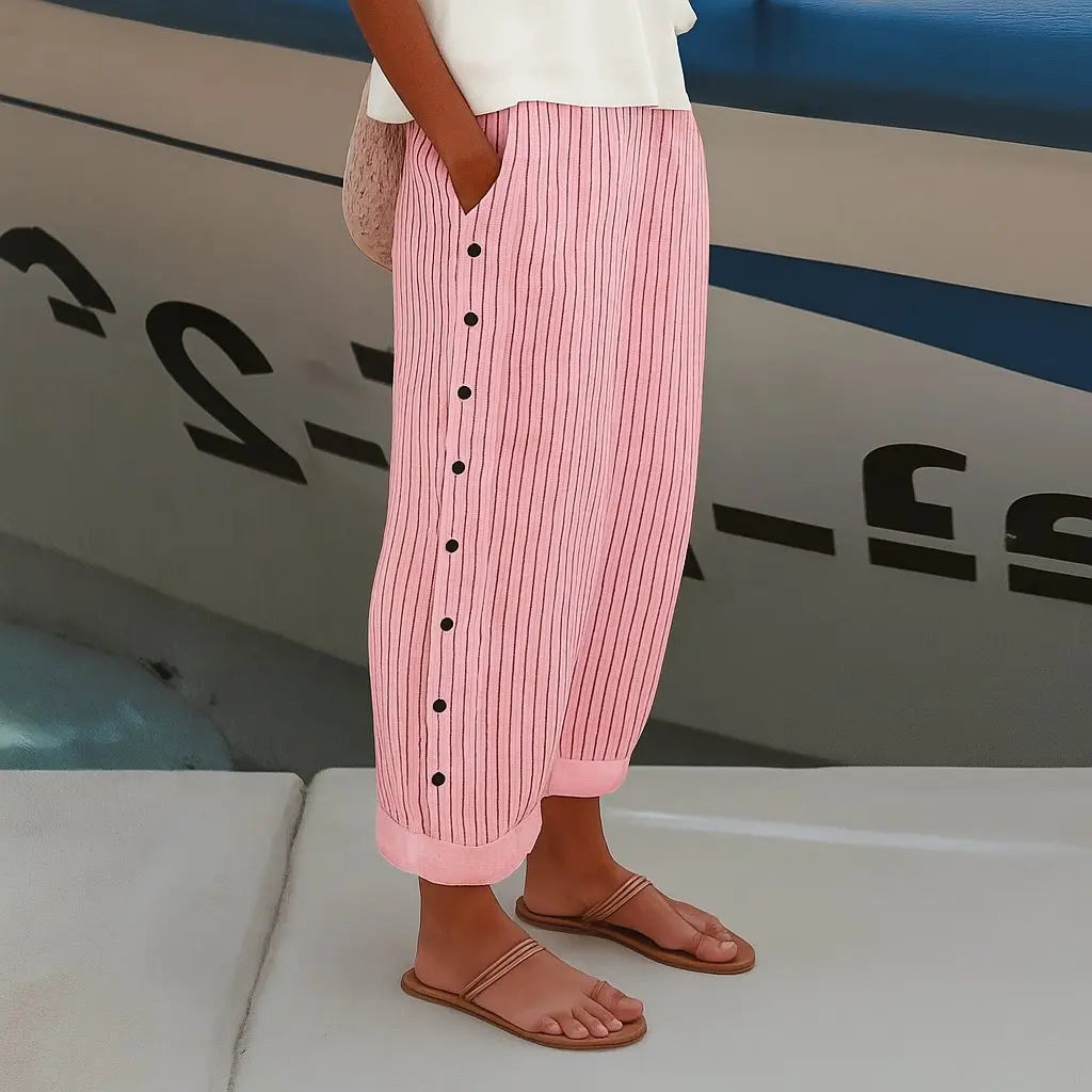 Women's Striped Trousers Button Side Elastic Waist Relaxed - Pink