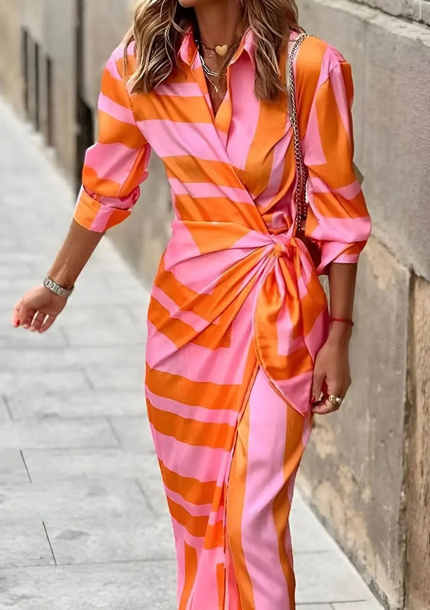 Women's Striped Wrap Midi Long Sleeve Dress