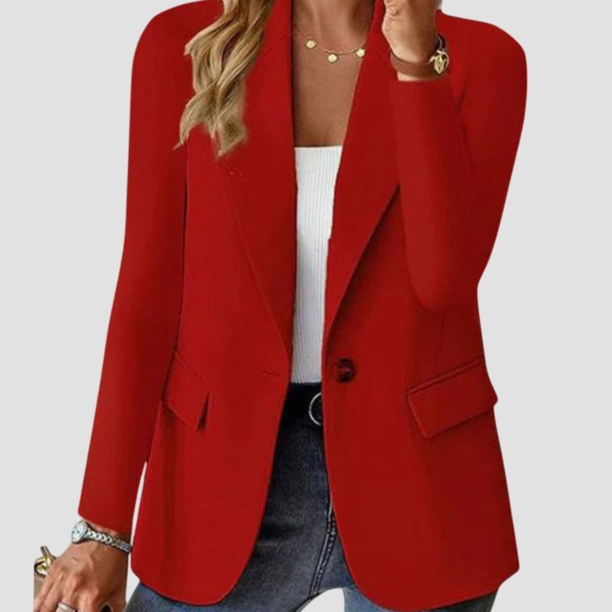 Women's Structured Single-Button Long-Sleeve Formal Blazer - Red