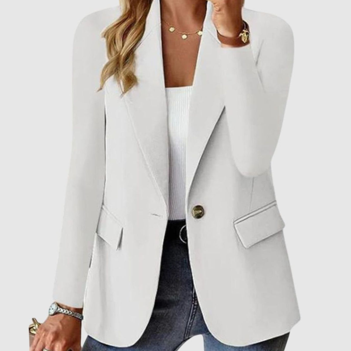 Women's Structured Single-Button Long-Sleeve Formal Blazer - White