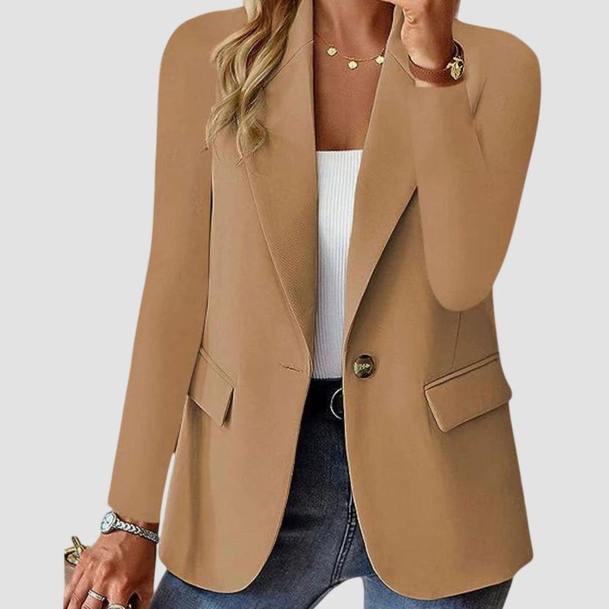 Women's Structured Single-Button Long-Sleeve Formal Blazer - Brown